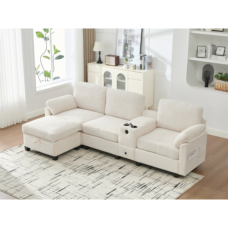 Sectional Sofa With Ottoman, Beige Corduroy
