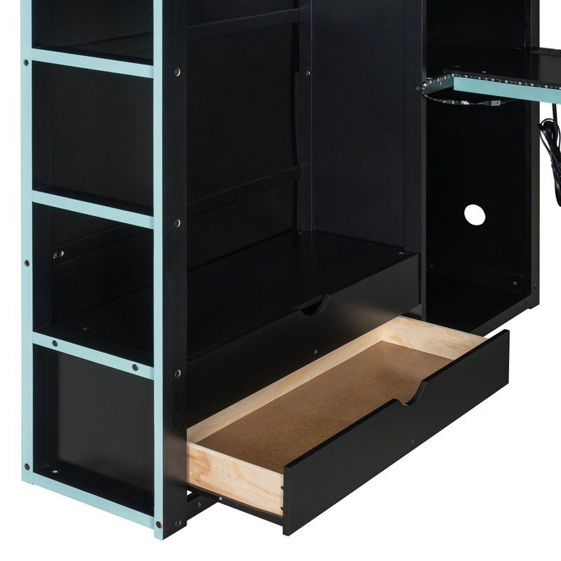 Lit mezzanine en bois avec bureau, Bleu