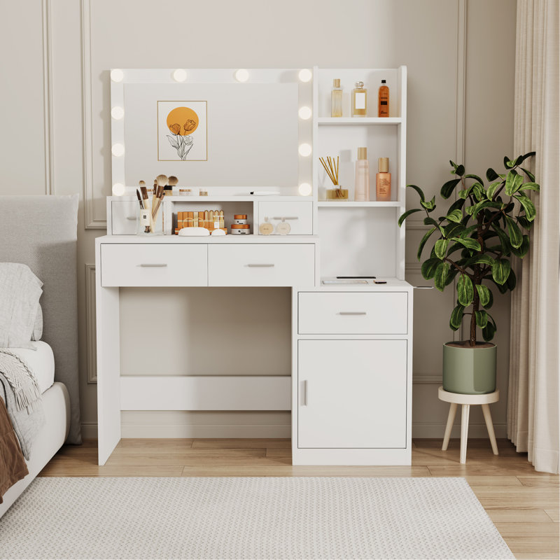 Modern Dressing Table With Adequate Storage And Lights For Bedroom Use Functional Drawer Hidden Compartments