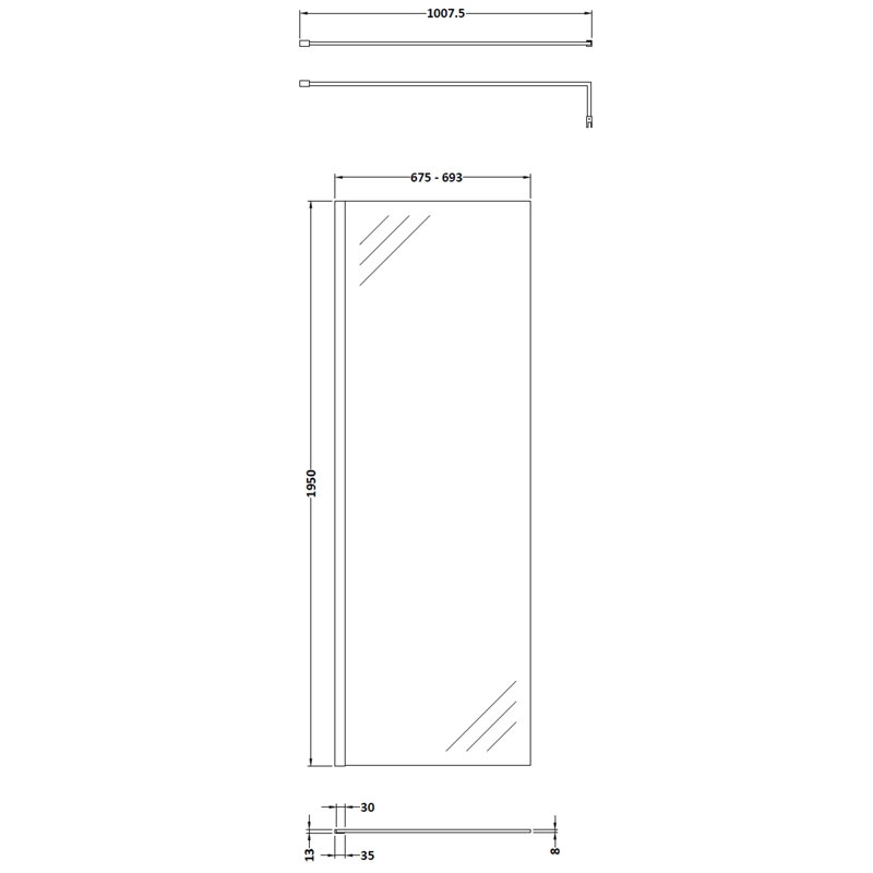 1950mm H Frameless Wet Room Glass Screens with Clear Glass, 1950 mm H x 1000 mm W