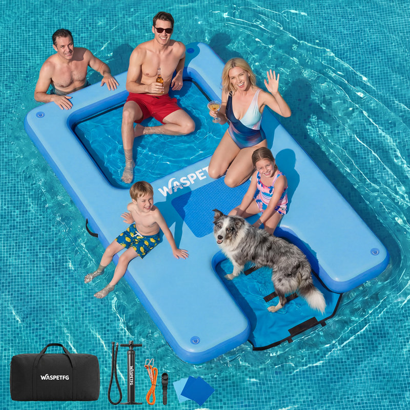 Quai flottant gonflable de 10 x 6 pi avec rampe à eau, plateforme flottante robuste pour adultes et chiens, flotteur de lac antidérapant avec hamac en filet, porte-gobelets pour piscine, lac, bateau, fête-bleu