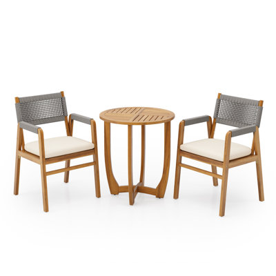 Outdoor 3-Piece Acacia Wood Dining Set With Cushion,Grey Rope+Teak