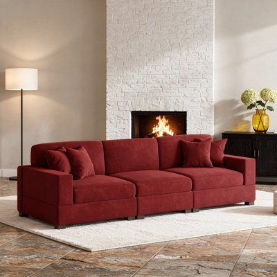 3 - Piece Upholstered Red Corduroy Modular Sectional Sofa With Pillow Back And Solid Wood Legs