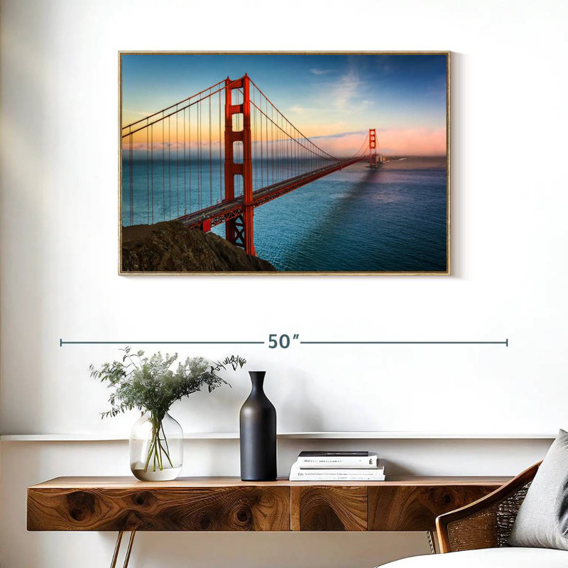Golden Gate, lever de soleil sur l'océan, Cadre flottant en bois naturel, 37 po x 25 po