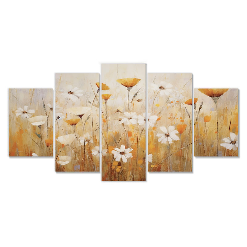 Ensemble de 5 fleurs blanches blanches dans un champ de blé II - Fleurs sauvages, H 32 po x l 60 po