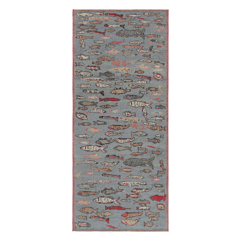 Rug & Kilim’S Custom Runner Rug In Blue With Colorful Fish Pictorials, Rectangle 10' x 14'
