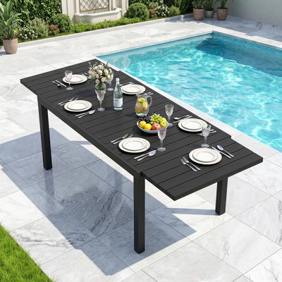 4-8 Person HDPE Wood Grain Tabletop & Aluminum Frame Rectangular Outdoor Extendable Dining Table with Safety Locks & Adjustable Legs