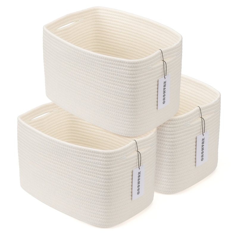  3-Piece Cotton Rope Storage Basket Set, Rectangular Woven Shelf Bins with Handles, White