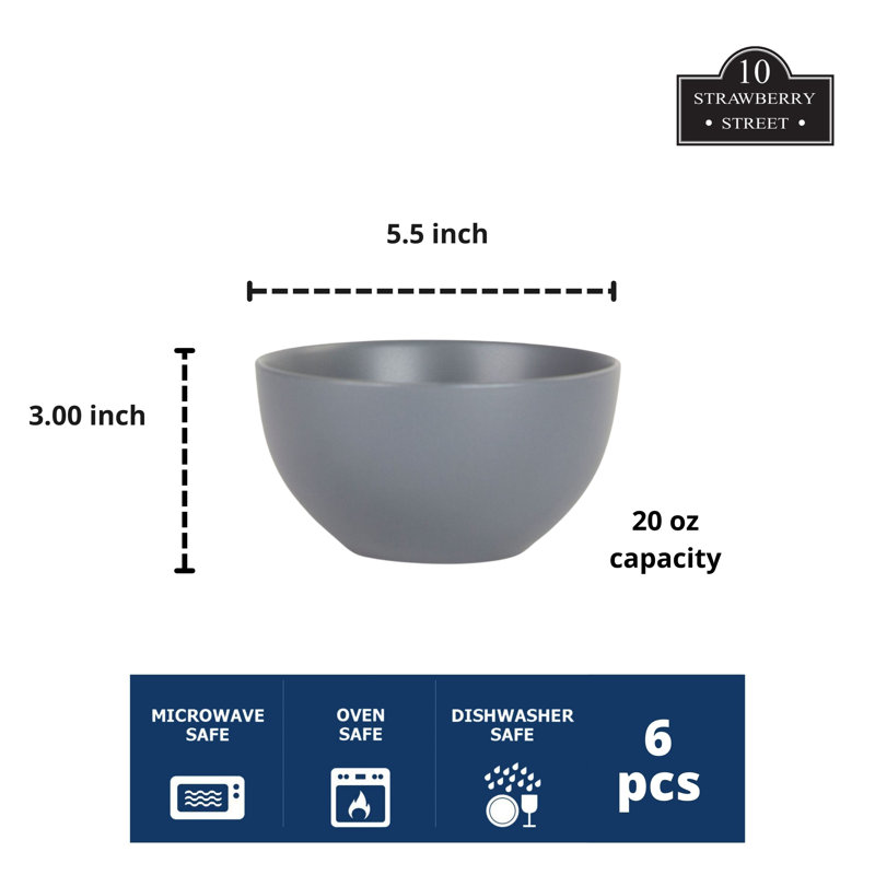 Gray Matte Stoneware Round Cereal Bowls, Set of 6