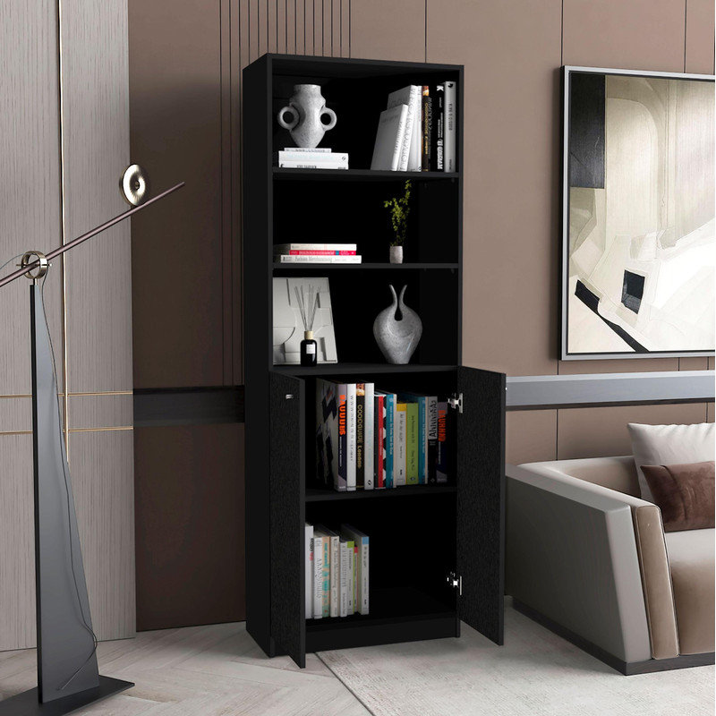 Bibliothèque noire avec 2 portes - Tablette de rangement moderne pour la maison / le bureau
