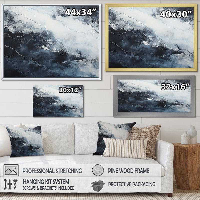 Bleu et blanc rivière de marbre I - décoration murale abstraite, Cadre flottant doré, H 30 po x l 40 po x P 1,5 po