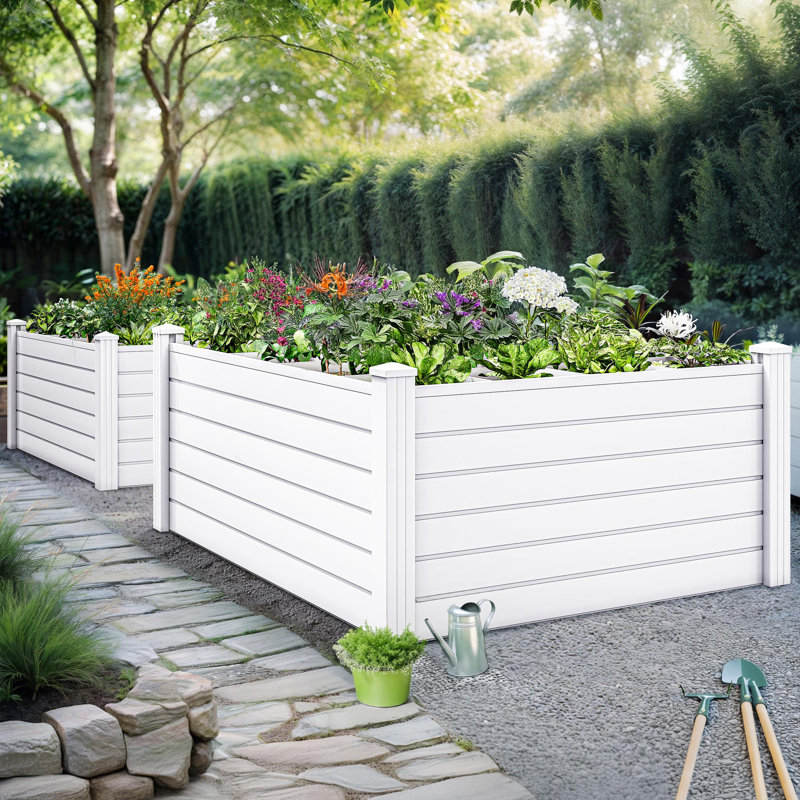 Raised Garden Bed 4x4x2 ft with Growth Grid, Large Resin Vinyl Above-Ground Planter Box