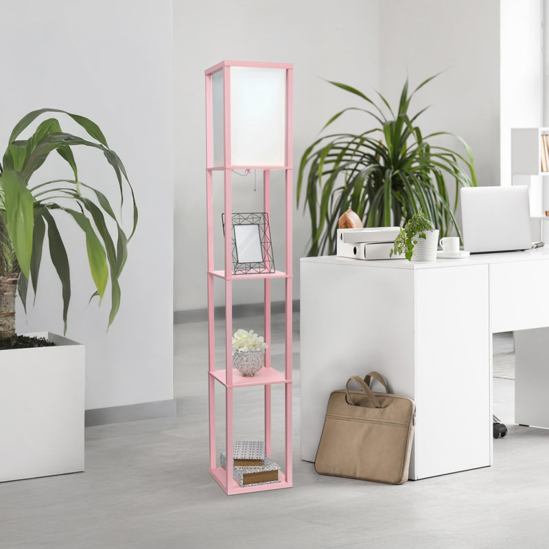 Lampe sur pied Dyreng à 3 tablettes, rose poudré, abat-jour en lin blanc, 159 cm de hauteur