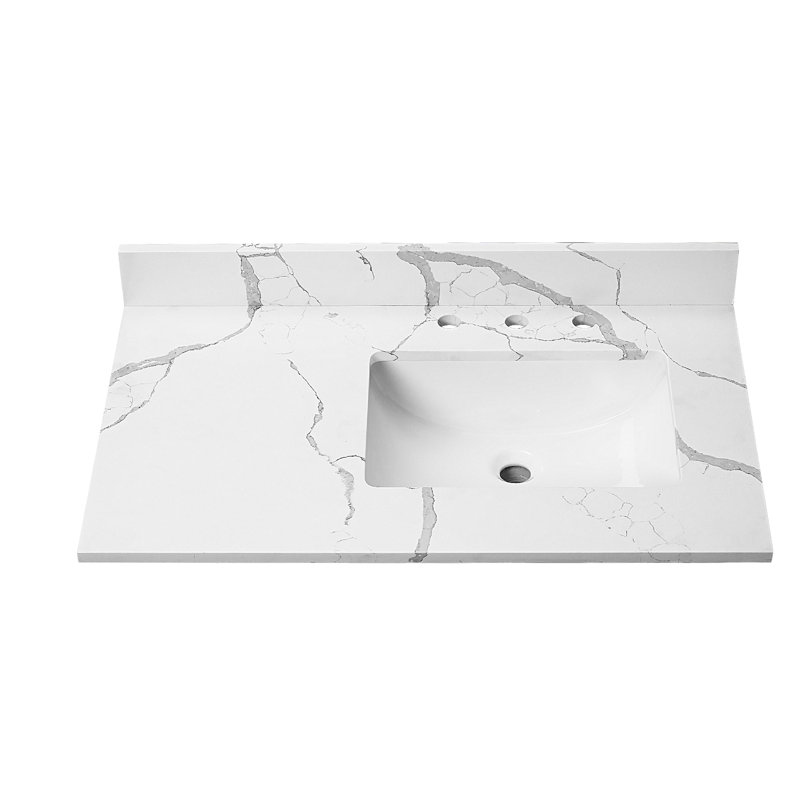 Dessus de meuble-lavabo en pierre de quartz 36 pouces avec lavabos et 2 éclaboussures latérales en blanc