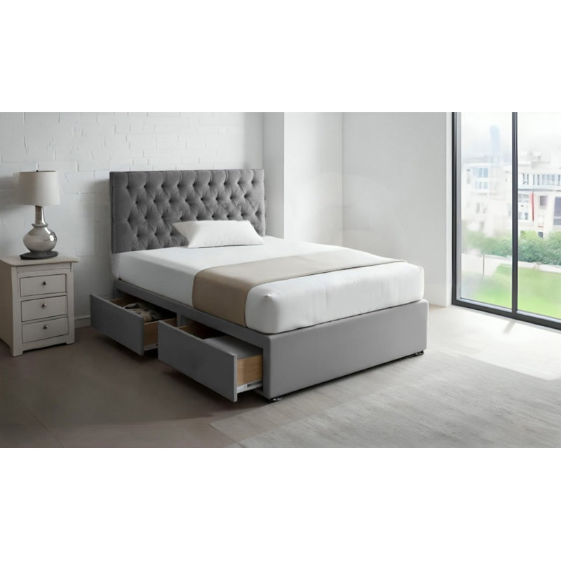 4FT6 Double Grey Suede Divan Bed Set with 20'' Headboard & 10'' Spring Memory foam Mattress  Jaquish
