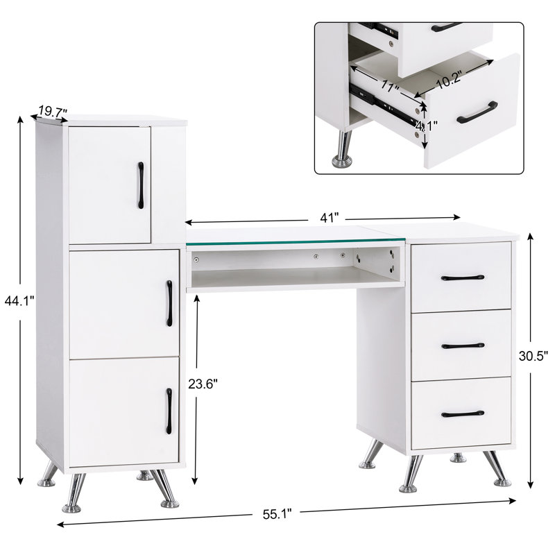 Classic Manicure Table with Glass Top, Nail Desk with Drawers, Vanity Makeup Desk, White