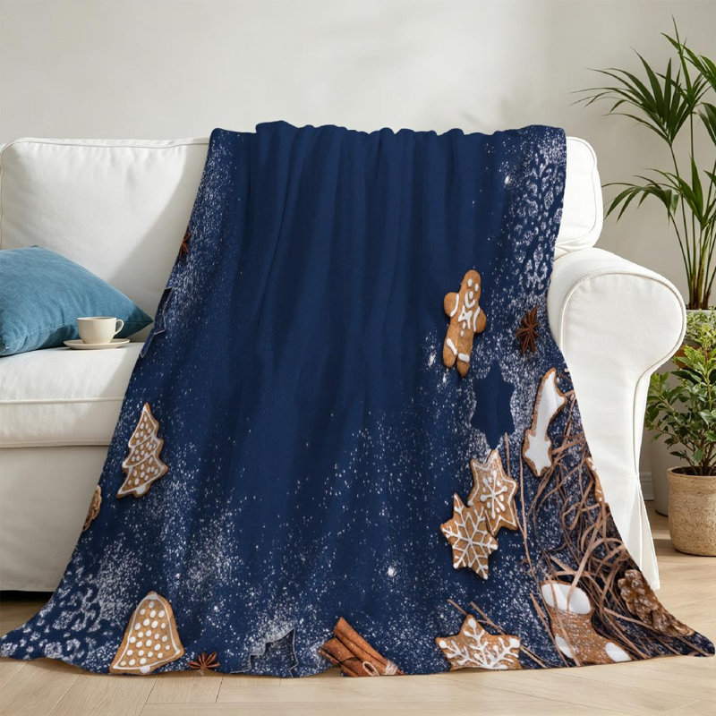 Jeté en flanelle bleue molletonnée ultra douce, motif de Noël avec pain d'épice, Jeté 50 po x 60 po