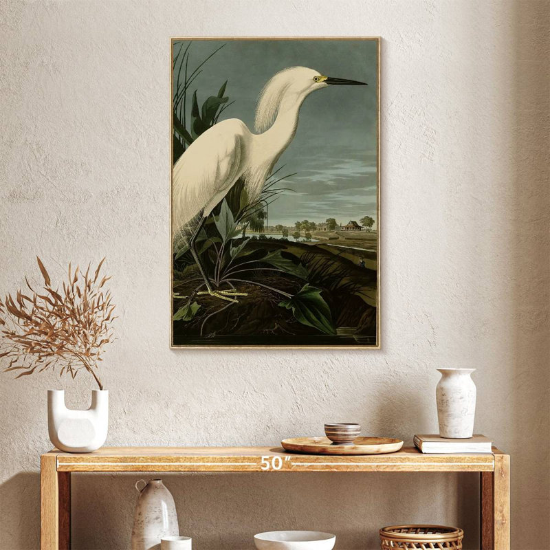 Héron enneigé ou aigrette blanche, Floating Frame Natural Wood, 25" x 37"