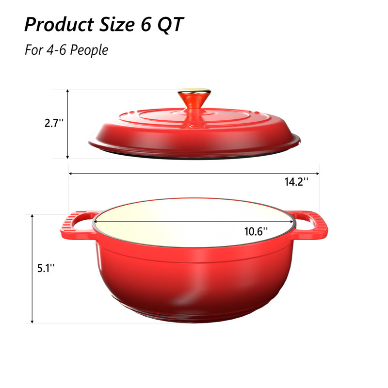 Winado Non-Stick Cast Iron Round Dutch Oven, 5.7 L, Red