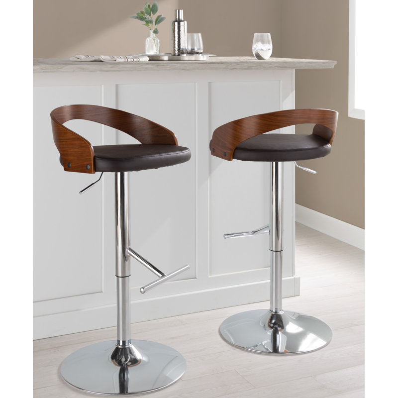 Laurenzio Adjustable Bar Stool with Straight T Footrest, Chrome/Walnut, Cream