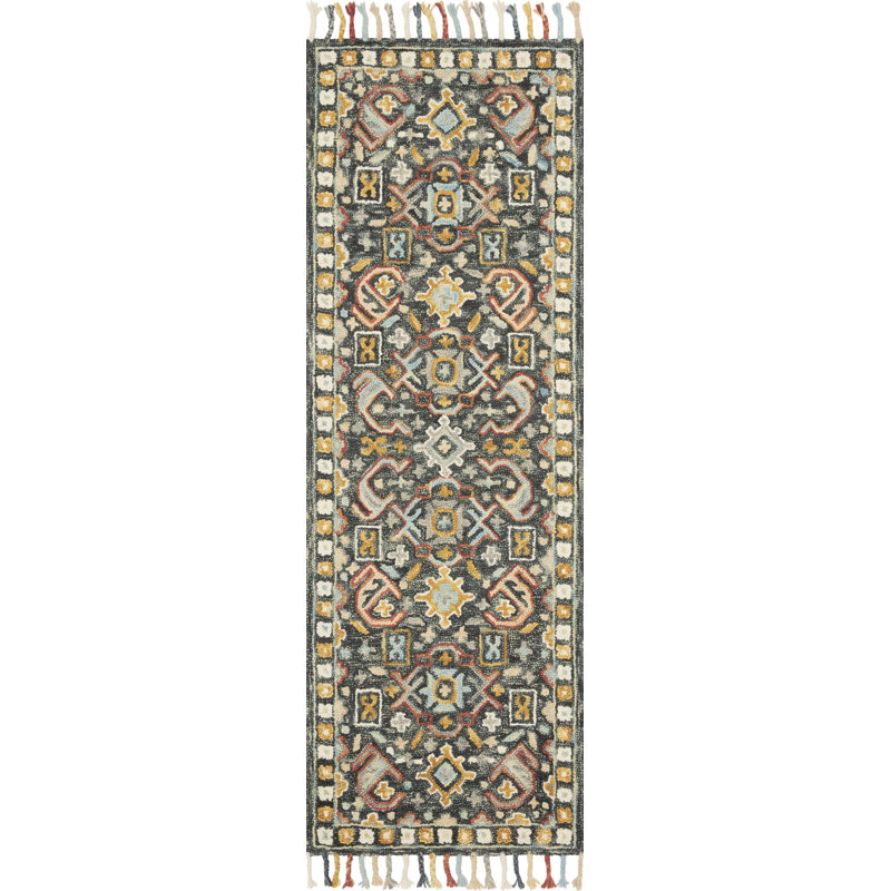 Tapis jaune / orange / carbone en laine crocheté à la main Bott, Tapis de couloir 2 pi 6 po x 7 pi 6 po