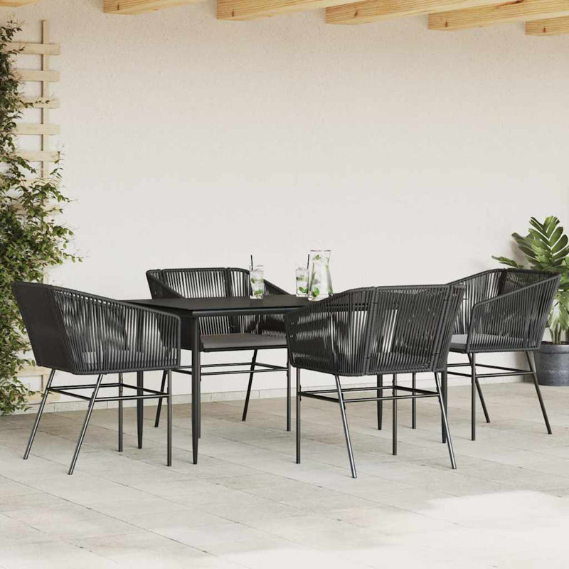 Ensemble repas de patio avec coussins en verre et poly rotin, Noir / Noir, H 29,1 po x l 31,5 po x L 63 po, 4