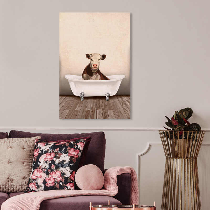 «Bath and Laundry Rustic Cow Bathroom, Cabin / Lodge and Canvas», reproduction d'art sur toile pour le bain, Toile tendue