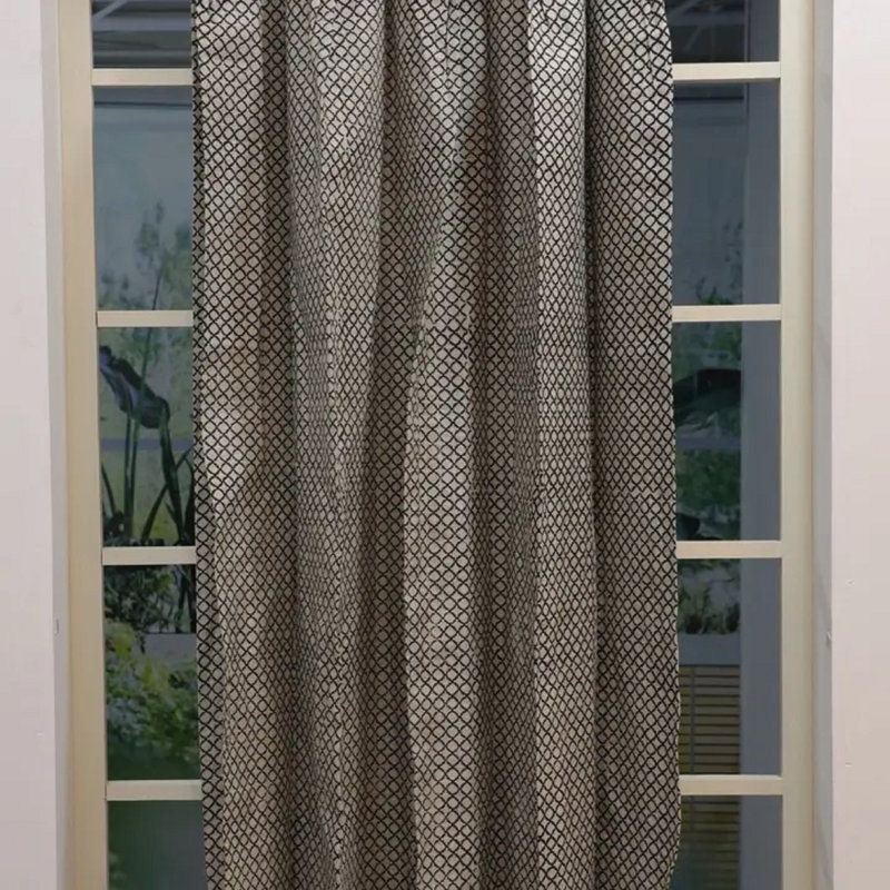 Fabdivine Floral Handmade Black 100% Pure Linen Plated Curtain Block Print, Kabutar Jaal, 27" W x 65" L