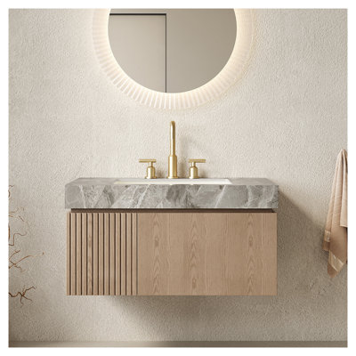 Meuble-lavabo suspendu MURI 36 po avec comptoir en pierre frittée, lavabo encastré en céramique et armoire de rangement en contreplaqué, fini grain de bois gris pâle