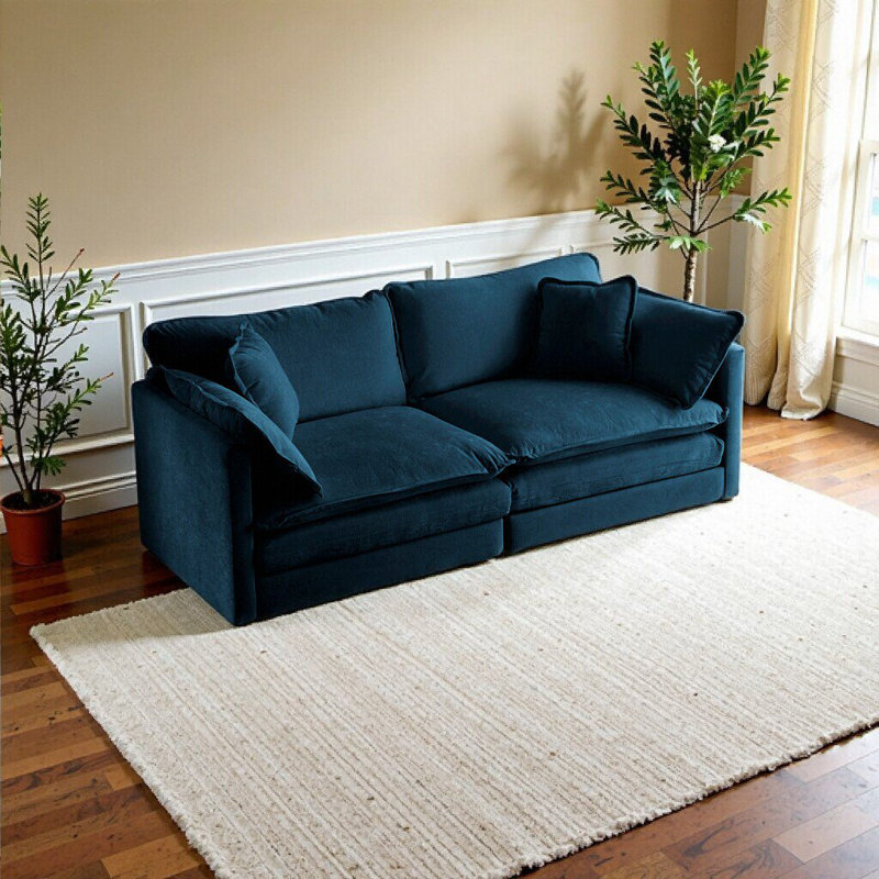 Canapé-lit moderne en chenille bleu - siège profond à 2 places avec 4 coussins, confort de qualité supérieure pour le salon