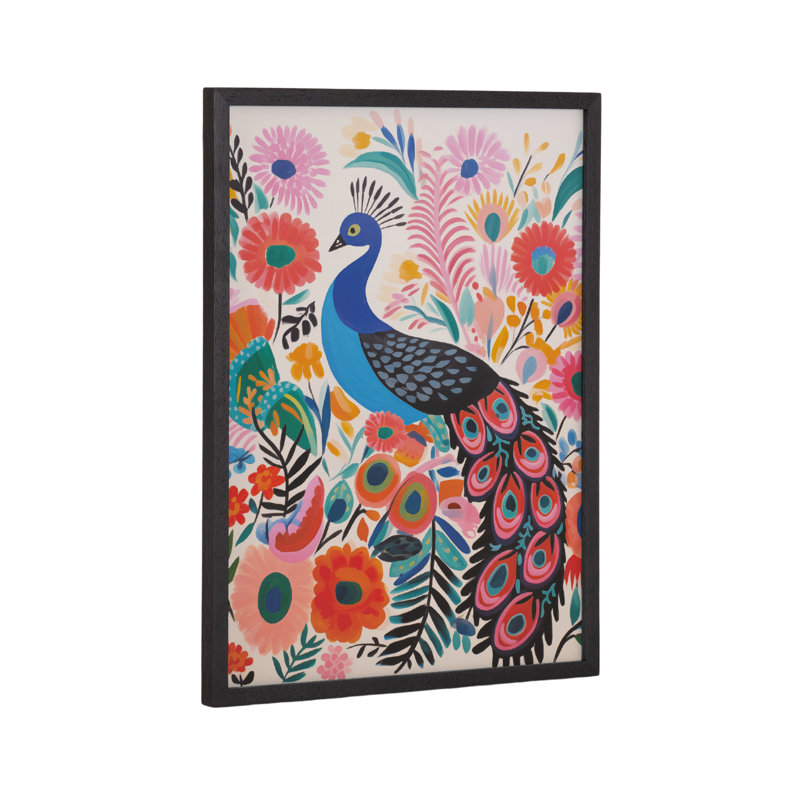 Art moderne paon vibrant moderne, H 12,65 po x l 16,65 po, Cadre noir