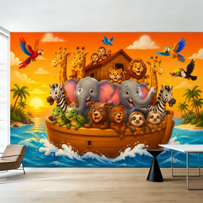 Peel and Stick Wallpaper Kids Wall Mural Cute Cartoon Animals Wooden Ark Sunset Wall Art Self Adhesive and Removable