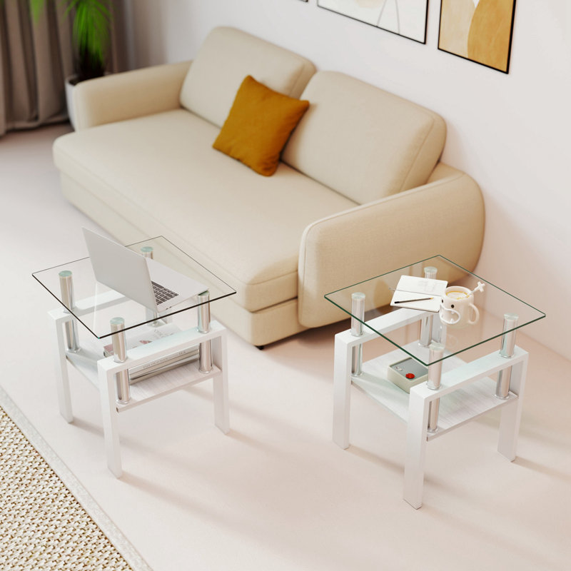 Ensemble de 2 tables basses gigognes avec plateau en verre, White/Clear