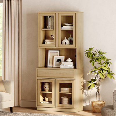 Modern 72" Tall Bookshelf with Glass Doors, Drawers & Adjustable Shelves, Closed Storage Cabinet and Glass Display Shelves, Wooden Bookcase for Home O