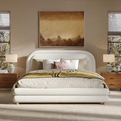 Lit plateforme tapissier de style grand lit avec tête de lit courbée, structure de lit en bois massif et aucun sommier tapissier