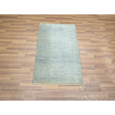 Tapis 2 po x 3 pi bleu, motif d'herbe moderne, noué à la main, laine avec touche de soie, ton sur ton, luxuriant et moelleux, échantillon, tapis, tapis oriental