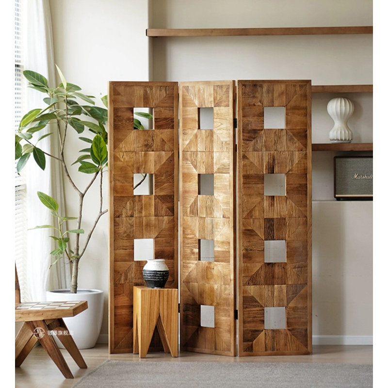 Panneau pour écran creux rétro et simple en bois d'orme à motif double face, H 65,35 po x l 54,33 po x P 1,18 po