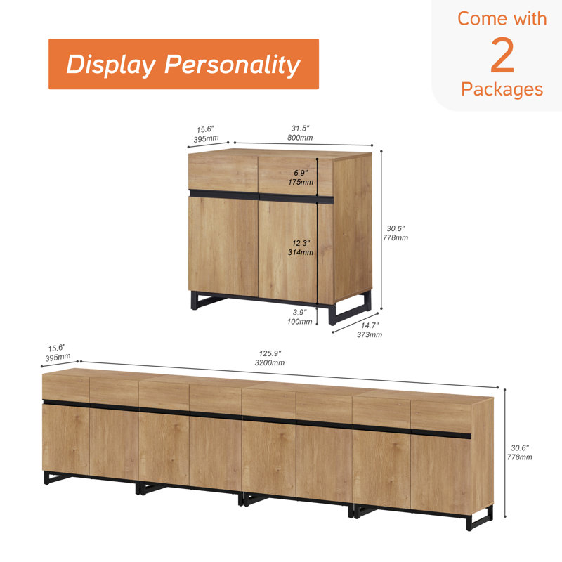 Aadam 63' W Storage Credenza, Chêne, 30.6"H x  125.9"L x 15.6"W