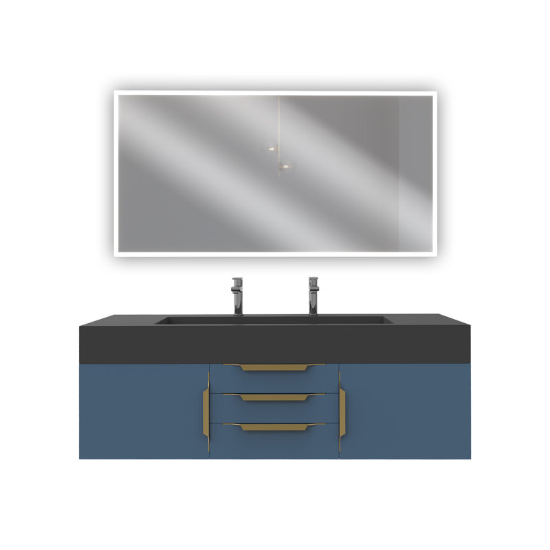 Ensemble de meuble-lavabo simple mural 60 "avec miroir Nile, Bleu, Noir, Or