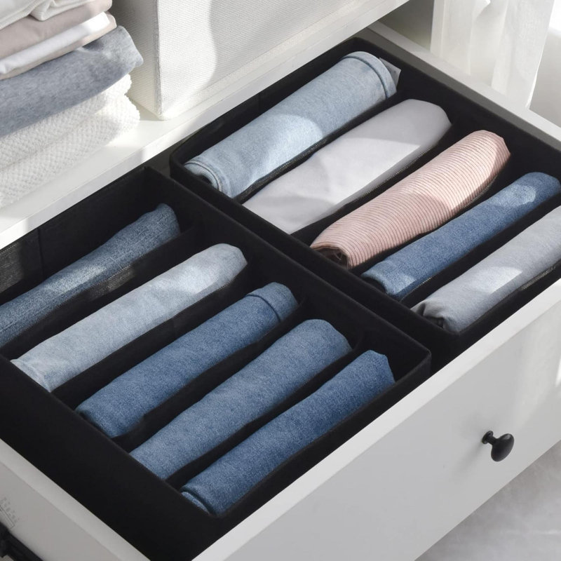 Wardrobe Clothes Organizer, Drawer Organizer Clothes, Black Clothe Storage Bins, 5 Grids Divider Organizers, Storage Organizer For Tshirt, Pants, Sweater, Scarf, 4-Pack