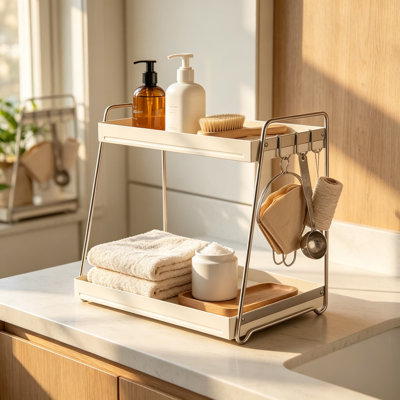 Organisateur de comptoir de salle de bain pour lavabo - Étagère de rangement à deux niveaux avec crochets, structure en acier au carbone résistant à la rouille et finition laquée blanche mat pour salle de bain, cuisine, coin café et bureau