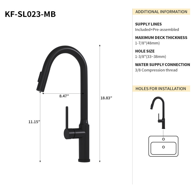 Robinet de cuisine noir mat 18,47 po avec cartouche rétractable fiable en céramique 18,47 po, Noir mat