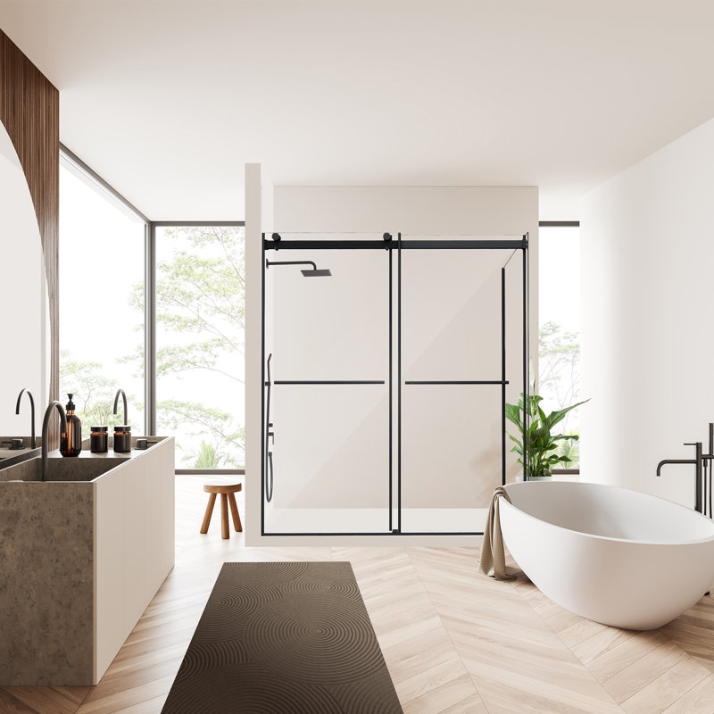 Cabine de douche à roulettes exposée sans cadre avec verre transparent l 68 po x H 76 po Belizzi
