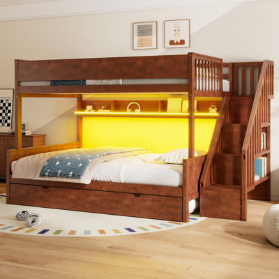 Full XL Over Queen Bunk Bed With Storage Shelves And Staircase,Trundle And LED Light,Walnut