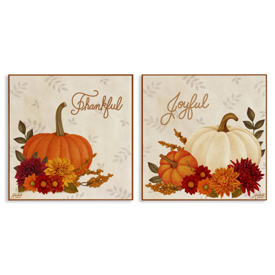 Joyful Thankful Sentiment Pumpkin  2 PC Canvas Wall Art Set by Mardell Schuster
