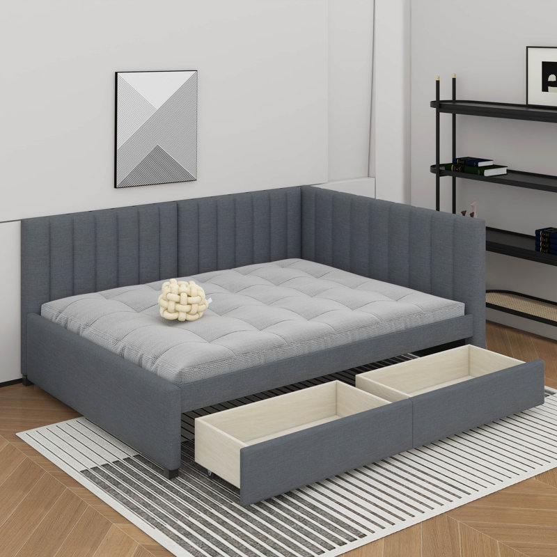 Full Size Upholstered Daybed With Drawers, Gray