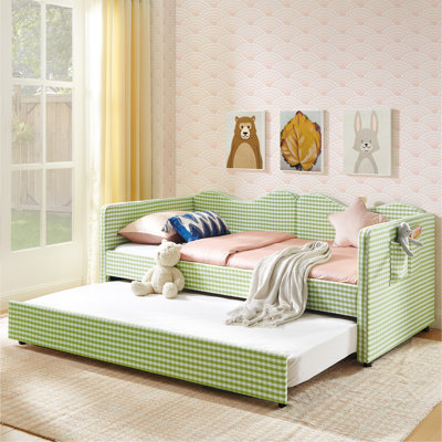 Lit de jour simple, lit de jour rembourré en vichy équipé d'un cadre gigogne escamotable et d'une poche de rangement latérale, canapé-lit multifonctionnel en bois massif pour chambre d'enfant et chambre d'amis - vert
