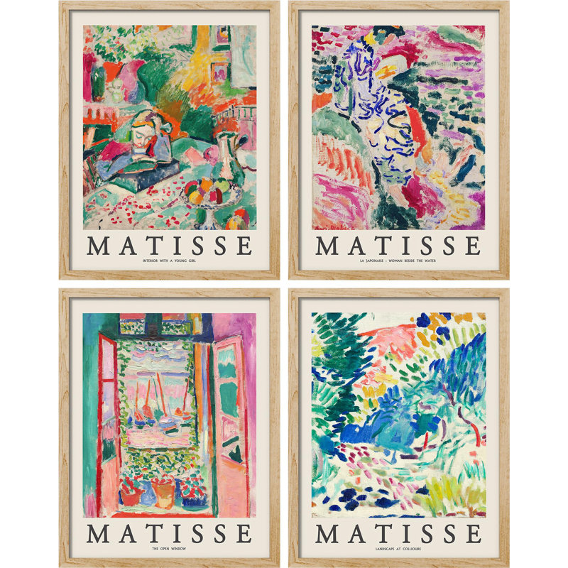 Matisse abstraite botanique encadrée sur papier, impression de 4 pièces, Naturel, H 16 po x l 12 po