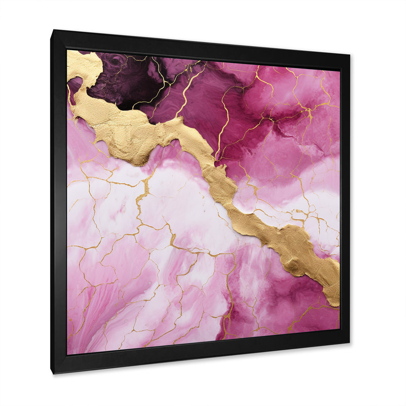 Essence de marbre rose et or IV - décoration murale en marbre, Cadre simple noir, H 30 po x l 30 po x P 1,5 po