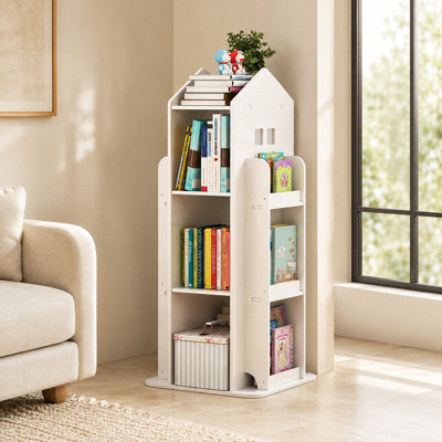 4-Tier Rotating Floor Bookshelf with 360 Degree Swivel Base, Space-Saving Kids Book Display Rack, Freestanding Bookcase Organizer for Bedroom, Living Room, Playroom, Study Room, Toys, Storybooks, and Learning Supplies